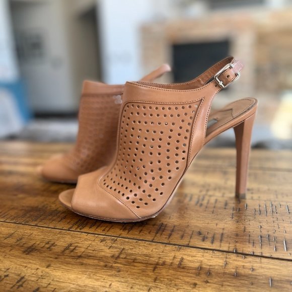 Prada Brown Leather Perforated Open Toe Ankle Strap Booties - Picture 2 of 6